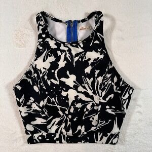 Hollister Womens XS Crop Top Black White Abstract Floral Blue Back Zip High Neck
